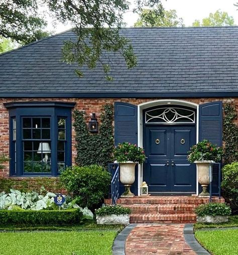 The Potted Boxwood on Instagram: "brick and navy 🍃 #ChicinDallas #dallas #curbappeal #design #landscape #architecture #thepottedboxwood" Blue Shutters Brick House, Brick House With Blue Shutters, Shutters Brick House, Navy Blue Houses, Potted Boxwood, Blue Shutters, Painted Front Doors, Design Landscape, Farmhouse Cottage