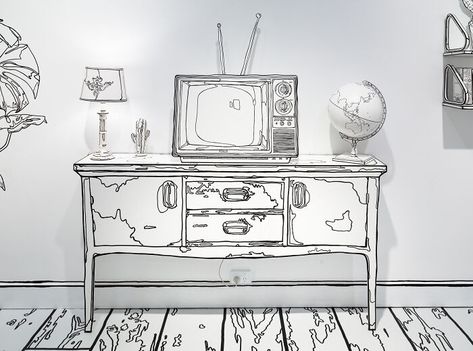 2d Art Drawing, Airbnb Arbitrage, Normal Room, Cell Shading, Art Drawing Ideas, Repainting Furniture, Unusual Home, Black And White Cartoon, Doodle Inspiration