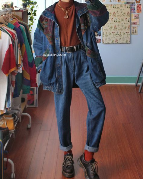 80s London Fashion, Artsy Masculine Outfits, Color Blocked Outfits, 70s Tomboy Style, Neo Folk Fashion, Highwater Jeans Outfit, Grunge Enby Outfits, Whimsical Masculine Outfit, Nonbinary Fall Fashion