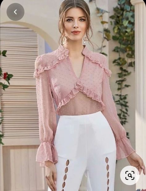 Fancy Top Design, Pastel Plain, Myanmar Dress Design, Fancy Tops, Frill Tops, Fashion Tops Blouse, Trendy Fashion Tops, Pretty Blouses, Pink Pastel