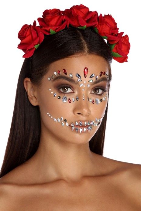 Rose Headband & Face Gems Catrina Costume, Halloween Makeup Sugar Skull, Halloweenský Makeup, Dead Makeup, Full Lace Front Wigs, Halloween Makeup Diy, 40 & Fabulous, Halloween Makeup Pretty, Cool Halloween Makeup