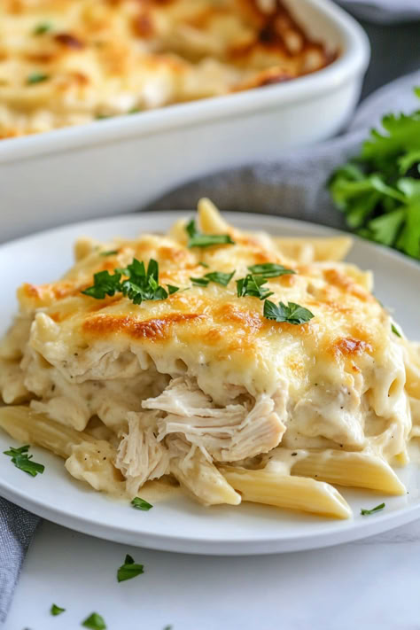 Pasta Dump And Bake, Dump And Bake Chicken Alfredo, Chicken And Pasta Bake, Chicken And Pasta Casserole, Dump And Bake Chicken, Easy Creamy Chicken, Alfredo Casserole, Chicken Alfredo Casserole, Dump And Bake