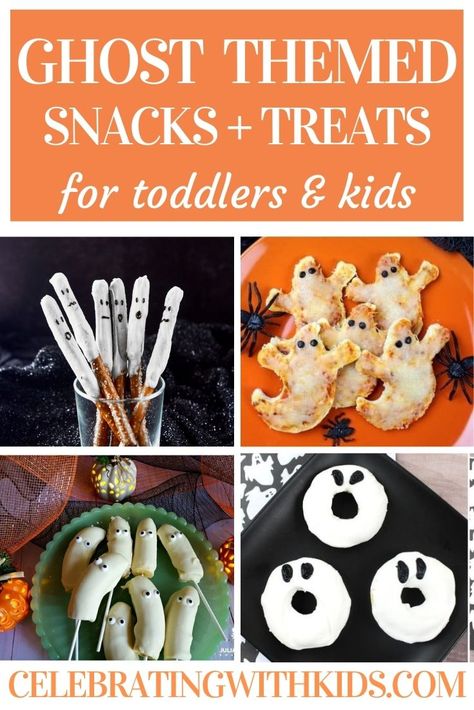 ghost themed snacks and treats for toddlers and kids Pretzel Ghost Treats, Ghost Party Food Ideas, Ghost Snacks For Kids, Ghost Treats For Kids, Ghost Party Food, Ghost Food Ideas, Ghost Themed Food, Halloween Toddler Snacks, Ghost Snacks