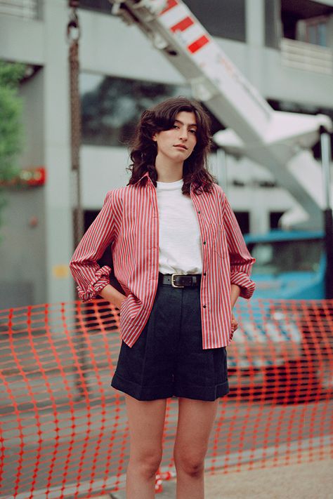 Navy Linen Shorts, Red Striped Shirt, Navy Linen, Tailored Shorts, Stripe Shirt, Japanese Cotton, Look Vintage, Red Stripe, Linen Shorts