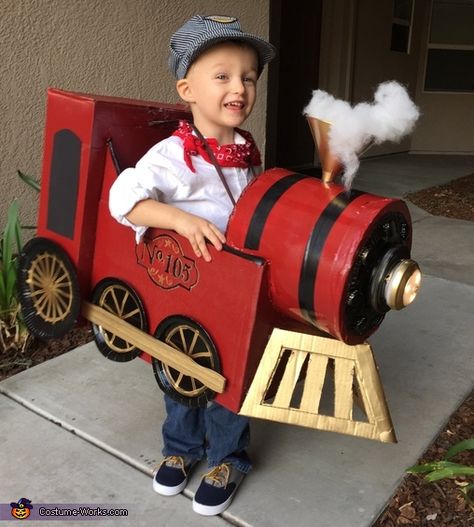 Ashley: My three year old son is wearing the costume and his obsession with trains and pinterest of course were my inspiration! I was trying to come as close to free... Toddler Train Costume, Diy Train Costumes For Kids, Train Costumes For Kids, Toy Costume Ideas, Cardboard Box Train, Train Halloween Costume, Train Conductor Costume, Cardboard Train, Train Costume