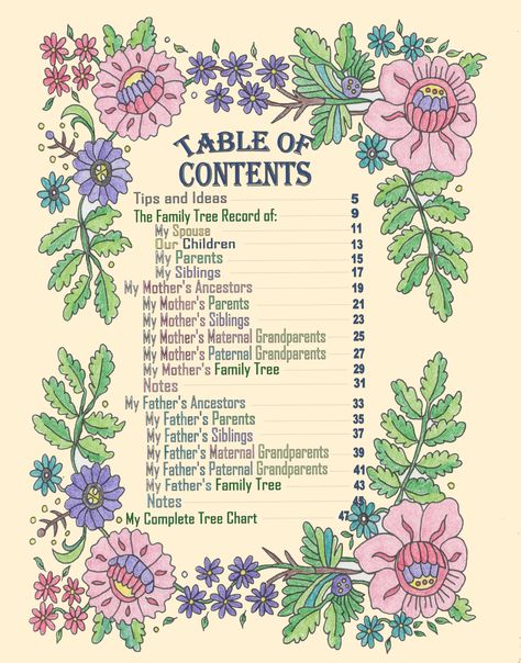 The Table of Contents page from Family Tree Coloring Book shows one way of color-coding family data. Scrapbook Table Of Contents, Crayon Book, Family Tree Book, Genealogy Scrapbooking, Tree Coloring, Contents Page, Table Of Contents Page, Yearbook Ideas, Tree Coloring Page