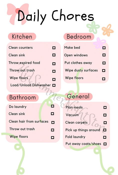 A concise list of daily chores to keep your house clean and in order. TO have a peace of mind and live in a nice and balanced environment. A clean space means a clean mind. #Cleaning #to #The #Schedule #Guide #CreativeIdeas #Tidy #Motivation #a #for #Home #Inspiration #Creating #Ultimate #a Chores To Do Around The House, Clean House List, Chores List For Adults, How To Keep House Clean, Bedroom Deep Cleaning List, How To Keep A Clean House, Clean Room List, Daily Chores To Keep House Clean, Cleaning House List