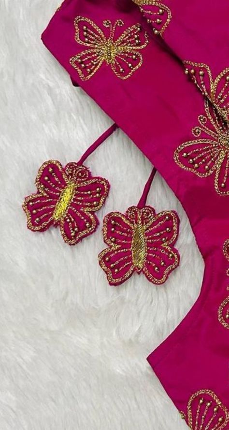 Butterfly Aari Work Designs Blouse, Butterfly Design Blouse, Butterfly Maggam Work Designs, Butterfly Aari Work Designs, Aari Buttas, Magam Works, Easy Mehandi, Aari Blouses, Silk Saree Blouse Designs Patterns