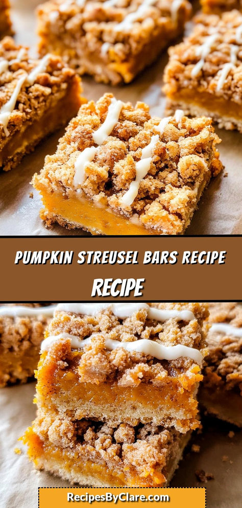 These wonderfully succulent Pumpkin Streusel Bars are the perfect fall dessert! A moist pumpkin base topped with a crisp cinnamon-oat streusel makes these bars a delightful treat for autumn festivities.

Ingredients:

1 cup pumpkin puree
1/2 cup brown sugar, packed
1 tsp pumpkin pie spice
The combination of a soft pumpkin layer and crunchy streusel makes these bars irresistible! Pumpkin Pie Breakfast Bars, Pumpkin Walnut Dessert, Pumpkin Recipes Bars, Pumpkin Pie Streusel Bars, Roasted Pumpkin Dessert, Pumpkin Dessert Recipes For Thanksgiving, Pumpkin Bars With Cake Mix Easy Desserts, Pumpkin Streusel Bars Recipe, Pumpkin Pie Crisp With Cinnamon Streusel