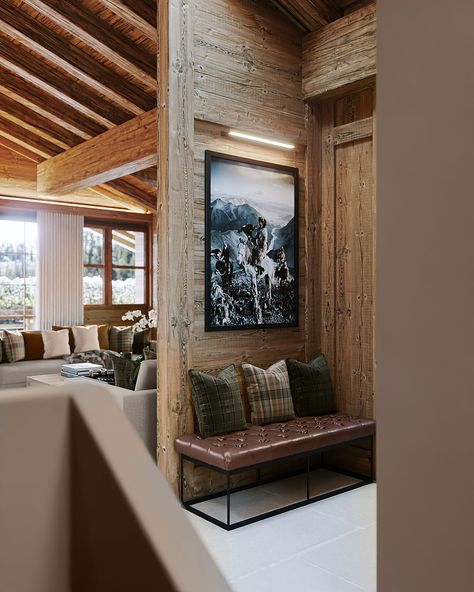 Contemporary Cabin Interior, Ski Cabin Interior, Mountain Chalet Interior, Alpine Interior Design, Chalet Style Homes Interior, Ski Lodge Interior, Ski Chalet Interior, Chalet Architecture, Mountain Interior Design