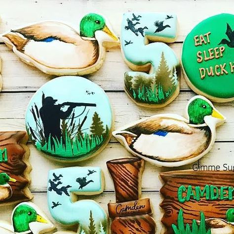 Duck Hunting 2nd Birthday, Duck Hunting Cookies, Hunting Baby Shower Ideas, Hunting Cupcakes, Duck Baby Shower Theme, Duck Cookies, Painted Cookies, Cupcakes For Men, Baby First Birthday Themes