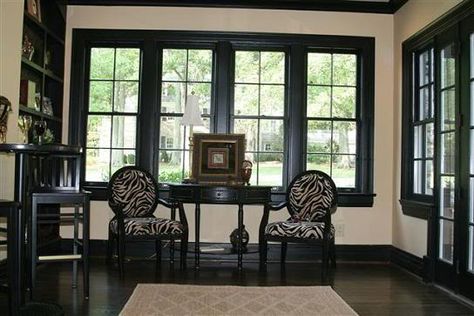 black & tan Black Trim Interior, Baseboard Ideas, Black Window Trims, Room Colours, Tan Walls, Dark Trim, Trim Ideas, Black Interior Doors, Window Trim Exterior