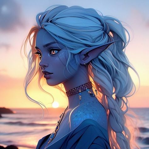 AloeKado on Instagram: "Female Sea Elf at a beach at sunset🧝‍♀️🌅💧  ☕You can support me on Ko-fi link on my page☕  Note that this image is created with the help of AI❗  You are welcome to use this in your campaign if you tell me the characters name. 🎲 #aloekado 🎲 #midjourney #midjourneyart #generativeart #aiart #aiartcommunity #art #artwork 🎲 #dndcharacter #dndportrait #fantasy #dnd #elf #seaelf #aqua #water #beautiful #blue #waterelf #aquaelf #fantasynymph #bluehair #sunset #sea #blueskin #beach" Sea Elf Dnd, Sea Elf Female Dnd, Sea Elves, Water Elf, Dnd Elf, Sea Elf, Dnd Concept, Sky Blue Hair, Blue Elf