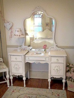 Antique White Vanity Table - Ideas on Foter Upcycling, Antique White Furniture, White Vanity Table, Shabby Chic Vanity, Vanity With Mirror, Painted Vanity, Antique Vanity, Shabby Chic Dresser, Shabby Chic Living Room