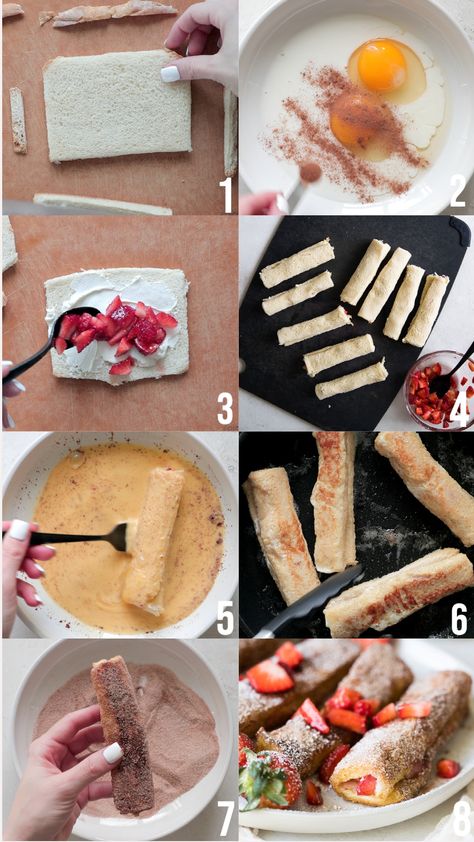 Sandwich Roll Ups With Bread, Peanut Butter French Toast Roll Ups, Rolled French Toast Sticks, Roll Up French Toast, Strawberry Cream Cheese French Toast Roll Ups, Snacks To Make With Cream Cheese, Strawberry French Toast Roll Ups, Pancake Roll Ups, Strawberry French Toast Recipe