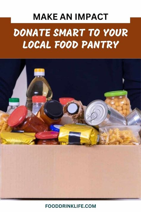 A person standing behind a donation box filled with various food items like pasta, canned goods, and a bottle of sustainable oil, under the text "Donate an impact to your local food pantry. Food Pantry Donations, A Person Standing, Donation Box, Canned Goods, Food Pantry, Person Standing, Local Food, Food Items, Cleaning Hacks