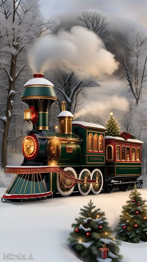 Christmas Trains, Mug Noel, Train Wallpaper, Christmas Card Illustration, Christmas Scenery, Christmas Phone Wallpaper, Train Art, Christmas Train, Animated Christmas