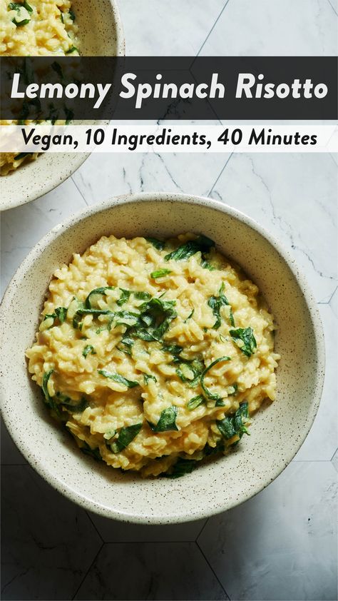 Vegan Lemon Risotto, Vegan Leek Risotto, Vegan Baked Risotto, Risotto Recipes Lemon, Vegan Shallot Recipes, Vegan Spinach Risotto, Lemon Spinach Risotto, Whole 30 Risotto, Easy Vegan Risotto