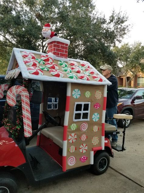 Christmas Parade Golf Cart, Golf Cart Decorated For Christmas, Candy Land Golf Cart Parade, Candyland Golf Cart, Golf Carts Decorated For Christmas Parade, Lighted Parade Ideas, Gingerbread House Golf Cart Ideas, Golf Cart Decorating Ideas Christmas Parade Floats, Gingerbread Golf Cart Decorations