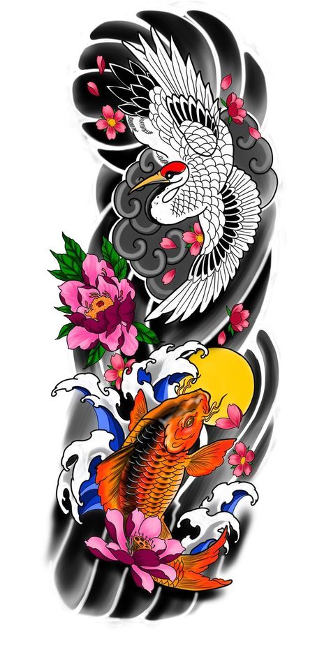 Dragon Koi Tattoo Design, Japanese Koi Fish Tattoo, Koi Tattoo Sleeve, Japanese Tiger Tattoo, Full Hand Tattoo, Tattoo Japanese Style, Koi Tattoo Design, Japanese Flower Tattoo, Geometric Sleeve Tattoo