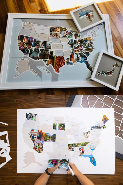 Fill each state with your own photo to track where you've been and where you are going. A free website makes it easy to create photos which will fit perfectly in the map. Photo Maps, Travel Memories, Oh The Places Youll Go, Fun Projects, Travel Journal, You've Been, Diy Art, Cute Gifts, Fun Crafts