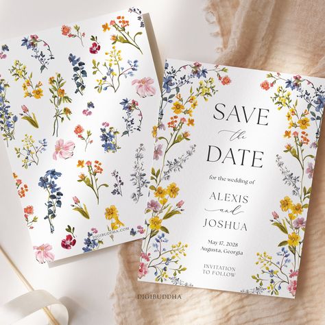 Boho Wildflower Save the Date Cards, Whimsical Wildflower Save the Date Card, Floral Save The Date Cards, Boho Floral wedding Save The Date This listing is for PRINTED, physical invitations.  > Looking for editable/printable items? Our printable shop is here: https://www.etsy.com/shop/DigibuddhaPrintables Size & Format: Flat, approx. 5x7"" Design: Full color on both sides Envelopes: Choose your envelope color Paper Options House card stock: 110 lb. uncoated smooth stock Premium card stock: 120 l Save The Date Ideas Wildflowers, Wedding Spring Invitations, Wildflower Wedding Save The Date, Wildflower Save The Date Cards, Colourful Save The Date, Whimsical Save The Date, Save The Date Colorful, Wildflower Save The Date, Boho Wildflower Wedding