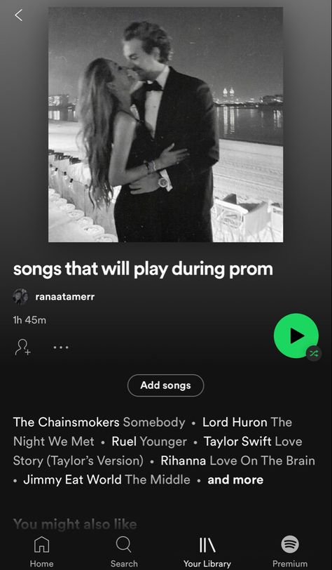 Songs For Prom Stories, Prom Playlist, Prom Songs, Song Lists, Music Recs, Rihanna Love, Lord Huron, Playlist Ideas, Spotify Playlists