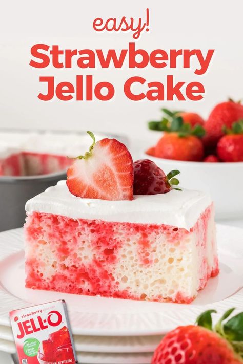 This Strawberry Jello Poke Cake is so easy to make, and with its marbled appearance, moist cake, and bright berry flavor, it's always a hit! Strawberry Jello Cake, Jello Cake Recipes, Strawberry Poke Cake, Doctored Cake Mix Recipes, Poke Cake Jello, Bakery Style Cake, Strawberry Poke Cakes, Jello Cake, Strawberry Jello