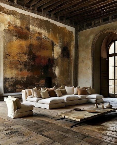 Abstract Wabi-Sabi Wall Art Mural in earthy colors. Light brown limewash walls, high ceiling with old wooden beams, round arch doorways, old wooden floors or tiles, a huge cozy light cream sofa, and a rustic coffee table with textured bowls and vases. ✨ Does this interior design feel homey or more like a museum to you? #wabisabiinteriors #wabisabi #japandiinterior #wallart #mural #abstractart #interiordesign Brown Limewash, Limewash Walls, Wabi Sabi Home Decor, Wabi Sabi Interior, Wabi Sabi Decor, Wabi Sabi Art, Neutral Paint Color, Japandi Interior, Japanese Furniture