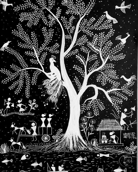 ✨️✨️✨️Tree of life in Warli Art 🏺♒WARLI ART♒🏺 Warli art is a traditional form of tribal art from the Warli tribe, primarily found in Maharashtra, India. Characterized by its simple, monochromatic designs, Warli art uses geometric shapes like circles, triangles, and squares to depict daily life, nature, and social rituals. The art is typically painted on mud walls with a paste made from rice and water. Warli art has served as a means of communication and storytelling, often reflecting themes... Warli Tree Of Life, Warli Paintings, Warli Art, Life Nature, Triangles, Tree Of Life, Geometric Shapes, Daily Life, Circles