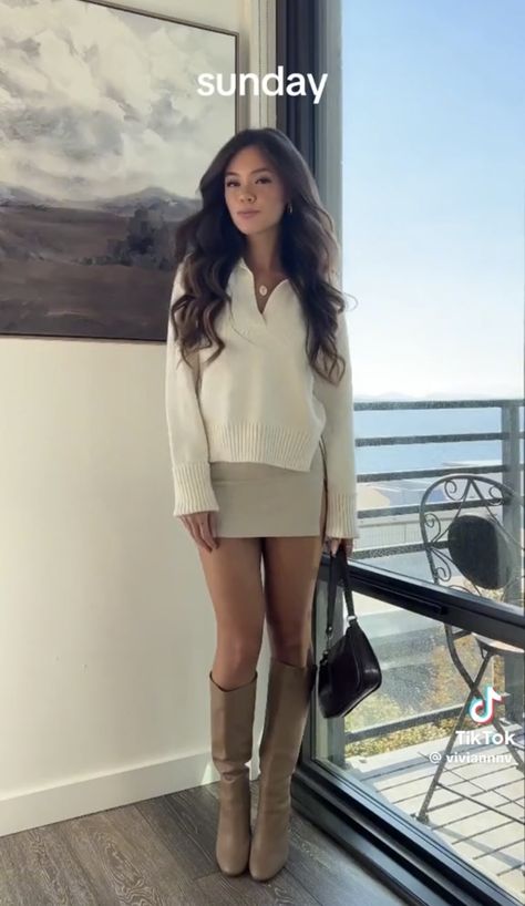 Beige Mini Skirt Outfit, Leather Skirt Fall Outfit, Taupe Boots Outfit, Mini Skirt Boots, Beige Skirt Outfit, Mini Skirt Fall Outfit, Skirt Outfits With Boots, Leather Mini Skirt Outfit, Fall Mini Skirt