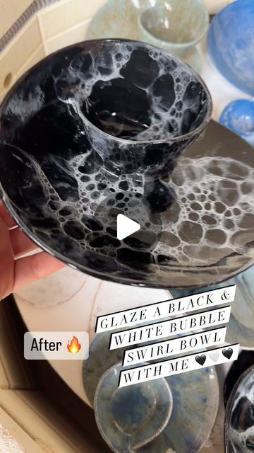 Anna Katharina Jens on Instagram: "Glaze a black and white bubble Swirl Bowl with me 🖤🤍🖤 Will be available in my next shop update Monday 29th 5pm GMT — please sign up for my newsletter at annalovespottery.com for priority access ❤️❤️❤️ #potterylove #potteryart #ceramics #bubbleunderglaze #glazeexperiments #smallbusiness #madewithlove #handmadeuk" Anna Katharina, Blue Bowl, Glazes For Pottery, Pottery Art, A Black, Swirl, Glaze, Sign Up, Bubbles