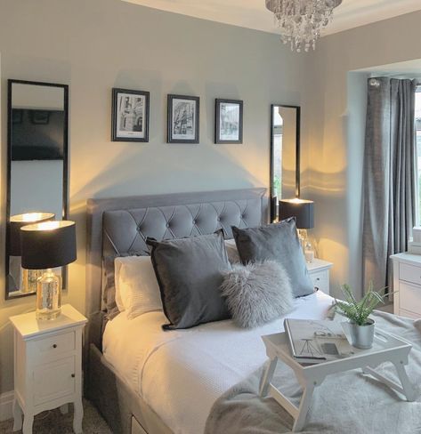 Gray Bed Frame Bedroom Ideas, Grey Headboard Bedroom, Silver Bedroom, Grey Bed Frame, Grey Bedroom Decor, Bedroom Decals, Grey Room, Grey Bedroom, Redecorate Bedroom