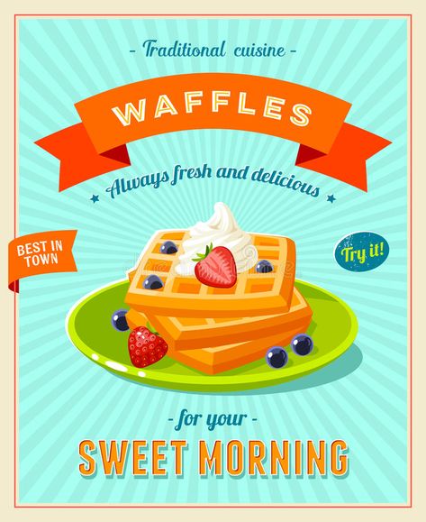 Waffles Illustration, Waffle Poster, Dessert Cafe, Restaurant Sign, Restaurant Signs, Vintage Restaurant, Drawing Images, Best Breakfast, Waffles