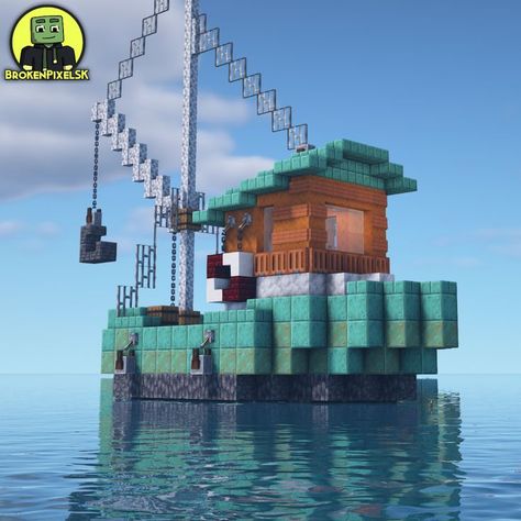 Small fishing boat in Minecraft Minecraft Boat House Ideas, Minecraft Fishing Village Ideas, Minecraft Ship House, Minecraft Cargo Port, Minecraft Small Lighthouse, Minecraft Tugboat, Fishing Village Minecraft, Boat House Minecraft, Minecraft Water Elevator