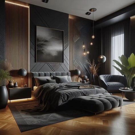 Super Modern Bedroom, Grayscale Bedroom Ideas, Cool Modern Bedrooms, Luxury Men Bedroom, Modern Luxury Bedroom Dark, Most Luxurious Bedrooms, Black And Grey Bedroom Decor, Modern Luxury Bedroom Design Master Suite, Grey Luxury Bedroom