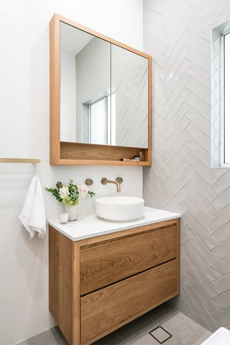 bathroom-styling Bathroom Feature Wall, Timber Vanity, Scandinavian Bathroom, Herringbone Tile, Bathroom Inspiration Decor, Bad Design, Laundry In Bathroom, House Bathroom, Bathroom Styling