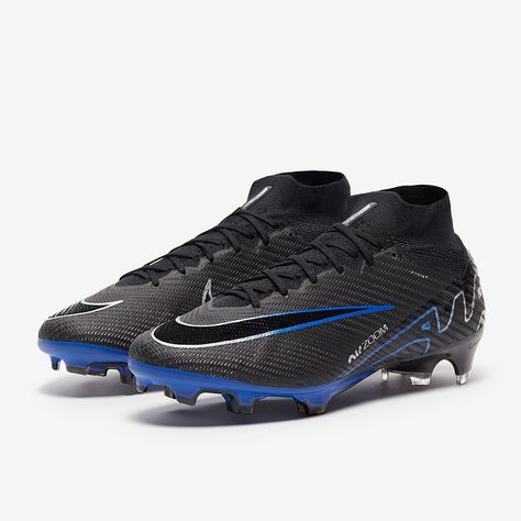 Nike Air Zoom Mercurial Superfly IX Elite FG - Black/Chrome/Hyper Royal - Mens Cleats | Pro:Direct Soccer Soccer Boots Nike, Nike Air Zoom Mercurial, Nike Football Boots, Nike Cleats, Soccer Boots, Nike Mercurial, Nike Football, Black Chrome, Air Zoom