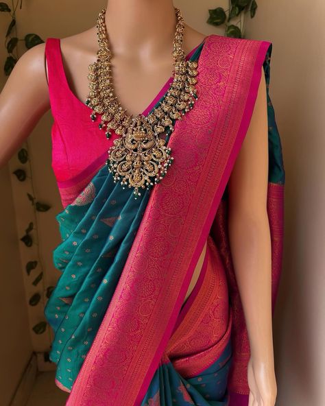 Www.Thejacouture.in > silk sarees > peacock green Art silk saree. . Peacock Green Art silk saree pink zari border and buttas all over saree. Comes with magenta pink blouse piece. Saree height: 48 inches. Saree length: 5.5 meters. Blouse: 80cm . Priced: 1600/- INR Normal wash. . Jewellery: @shopping_for_you_001 . #peacockgreen #peacockgreensaree #artsilk#artsilksarees #love #sareelove #india #sareeinspiration #fashion #sareelove😍 #indianwear #traditional #sareeday #indianwedding #sar... Peacock Green Saree, Green And Pink Saree, Peacock Saree, Dark Pink Blouse, Saree Pins, Engagement Look, Indian Wedding Gowns, Saree Poses, Indian Bridal Fashion