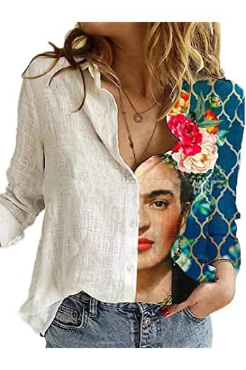 Amazon.es: frida kahlo ropa Womens Blouses Casual, Colour Blocking Fashion, Blouses Vintage, Patch Work Blouse, Casual Tunics, Yellow Shirts, Womens Workout Outfits, Cardigan Top, Casual Blouse