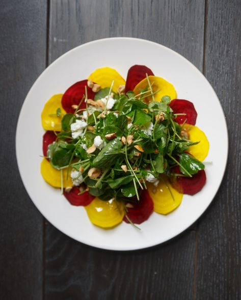 Raw Beet Salad with Baby Arugula, Goat Cheese, and Hazelnuts Raw Beet Salad, Beet Goat Cheese Salad, Hazelnut Recipes, Beet And Goat Cheese, Raw Beets, White Balsamic, Vegan Salads, Vegetarian Thanksgiving, Baby Arugula