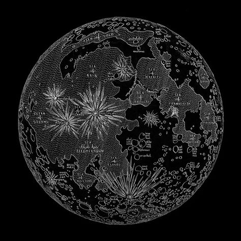 A pen and ink map of the moon, picking out major features and all the sees and oceans. Originally drawn in white ink on black watercolour paper, limited edition prints are now available.  #moon #map #mapofthemoon #cartography #artist #moonillustration #moonart #moondrawing Moon Map, Illustrated Maps, Moon Surface, Moon Drawing, Moon Illustration, Original Art Prints, Illustrated Map, Watercolour Paper, Moon Art