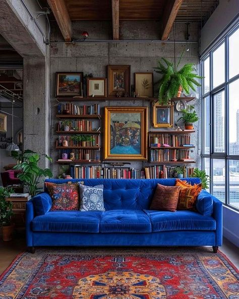 Bold Couch Living Room, Blue Couches Living Room Decor, Blue Orange Living Room, Maximalism Living Room, Blue Living Room Color Scheme, Cozy Eclectic Living Room, Sustainable Living Room, Blue Sofas Living Room, Contemporary Living Room Design