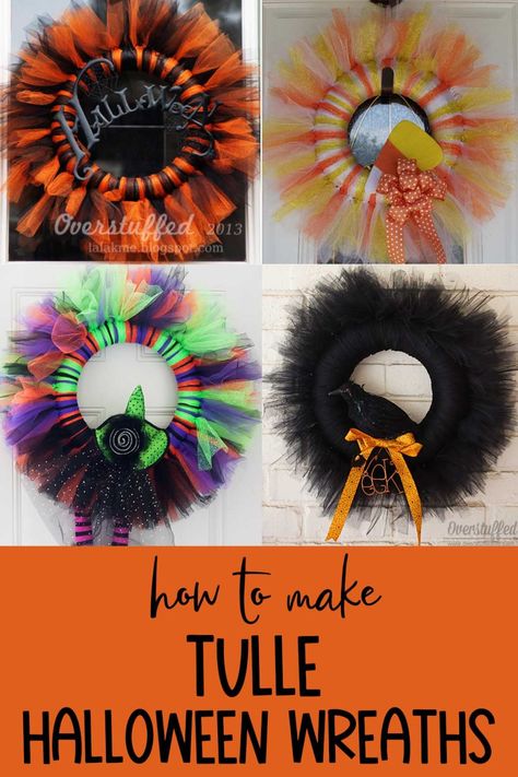 Wreaths Made With Tulle, Tulle Halloween Decorations, Tule Wreath, Fall Tulle Wreath, Tulle Wreath Tutorial, Halloween Tulle Wreath, Tulle Wreath Diy, Halloween Wreath Ideas, Tulle Wreaths