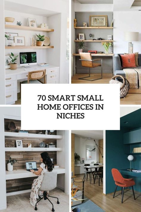 smart small home offices in niches cover Pantry Office Design Small Spaces, Home Office Alcove, Home Office Printer Station, Small Space Office Ideas, Large Wall Niche, Niche Wall Decor, Small Office Nook, Office Nook Ideas, Office Niche