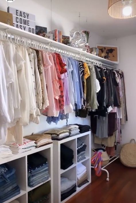 Clothing Organization Ideas No Closet, Room With Open Closet, Bedroom Into Walk In Closet Diy, In Room Closet Ideas, How To Organize A Room With No Closet, Open Face Closet, Alternative Wardrobe Ideas, Diy Closet Hanging Storage, Organization Closet Aesthetic