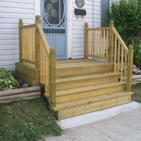 Building mobile home steps is one of the easy home additions. Mobile Home Steps, How To Build A Porch, Front Porch Steps, Building A Porch, Mobile Home Decorating, Mobile Home Living, Front Porch Design, Mobile Home Porch, Wooden Porch