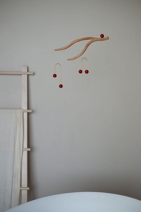 This mobile's name is Cherry.
Our inspiration was just branch of real Cherry tree and it was enough. Pure love! Hanging Mobile Art, Branch Mobile, Mobile Kids, Calder Mobile, Kinetic Mobile, Mobiles For Kids, Wooden Mobile, Mobile Sculpture, Mobile Hanging