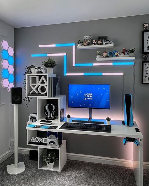 Small Gaming Room Ideas, Gaming Setup Bedroom, Gaming Bedroom Ideas, Video Game Bedroom, Gaming Computer Room, Bedroom Guide, Games Room Inspiration, Gaming Bedroom, Gamer Bedroom