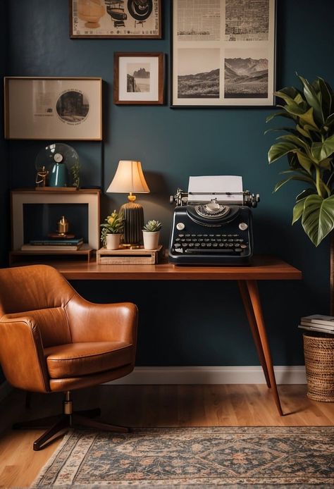 25 Home Office Setups That Will Inspire Your Work-From-Home Journey Small Men’s Office, Vintage Office Decor Ideas, Men’s Work Office Ideas, Mid Century Office Ideas, Home Office Men, Writer's Desk, Home Office Dark, Sustainable Living Room, Blue Home Offices